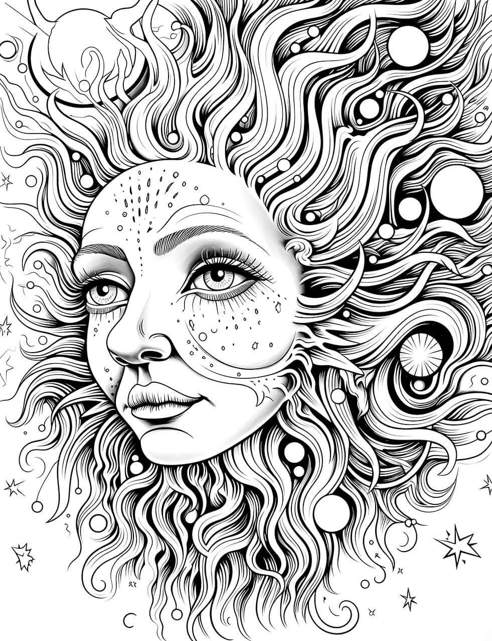The Celestial Sun Coloring Page, a detailed black-and-white illustration of a personified sun with a beautiful face and a wild mane of cosmic hair filled with stars and planets.