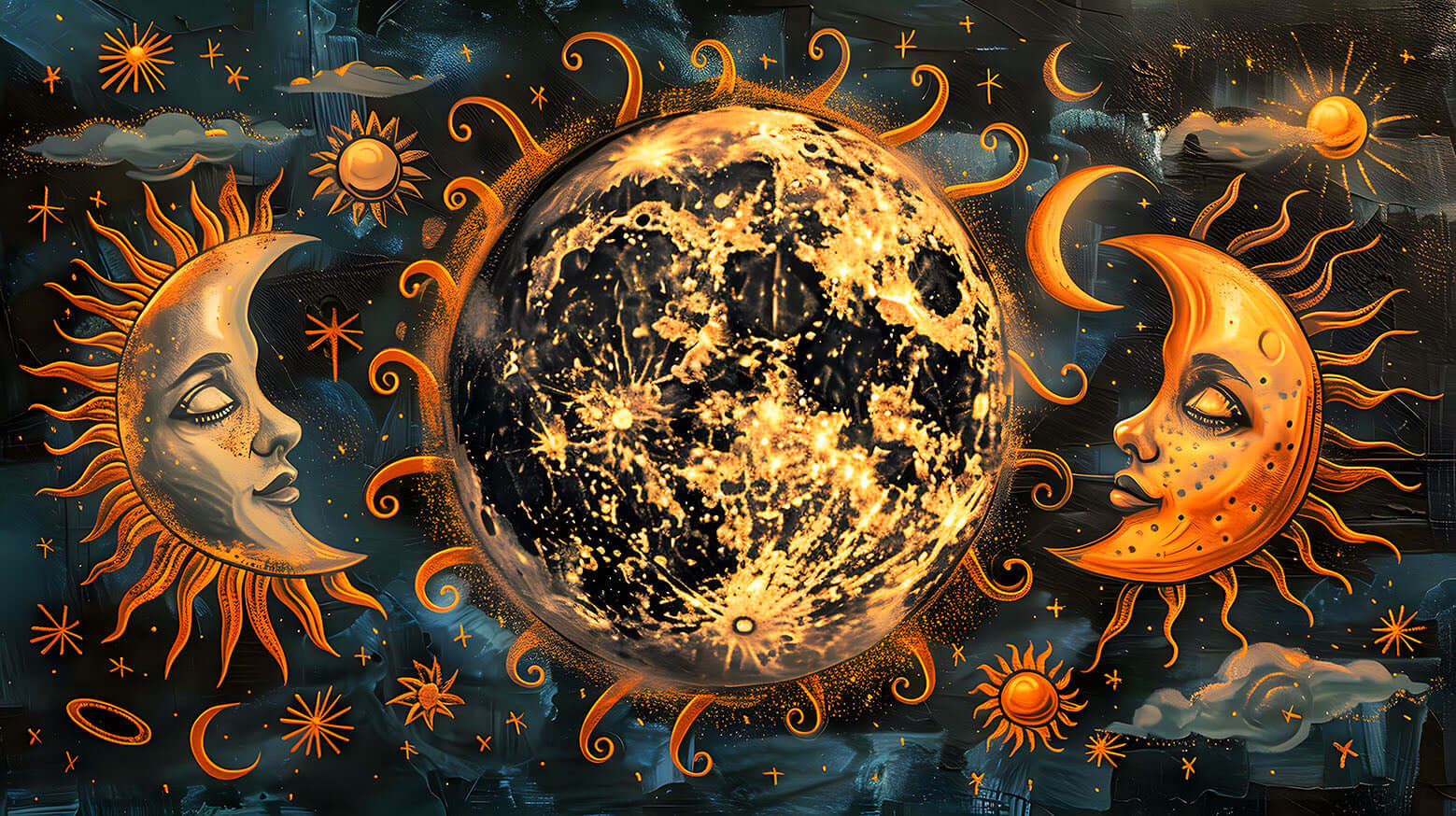 Celestial Wall Art: Vintage Sun, Moon \u0026 Stars Painting Print, image size:1559x874