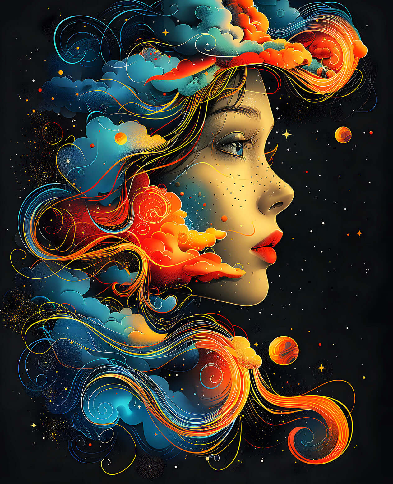 Celestial Woman Art of a woman in profile whose flowing hair is a beautiful galaxy of swirling clouds, stars, and planets.