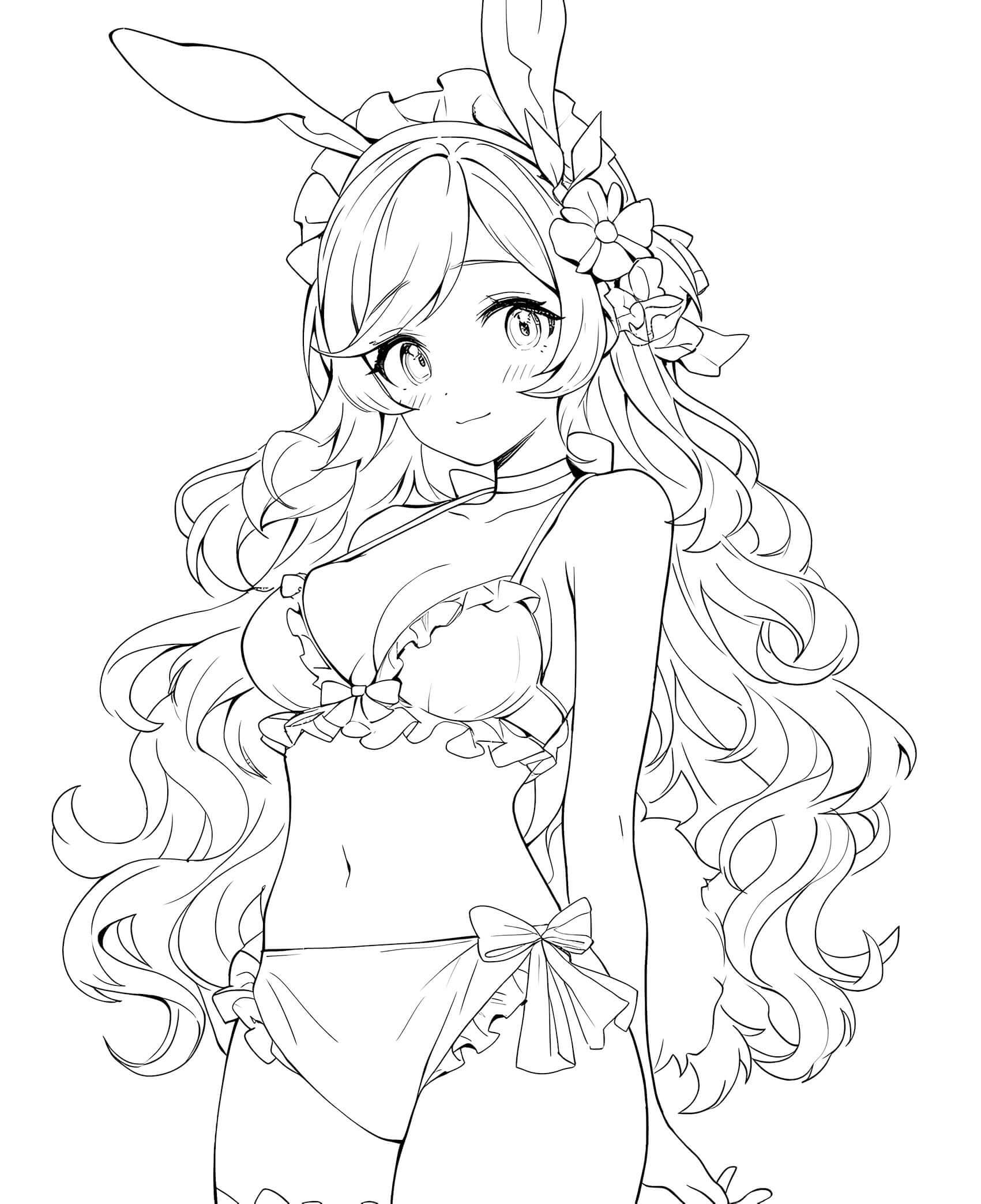 Adorable anime bunny girl waifu with long wavy hair, flowers in her hair, bunny ears, wearing a frilly bikini with bows, smiling sweetly – coloring page digital download.