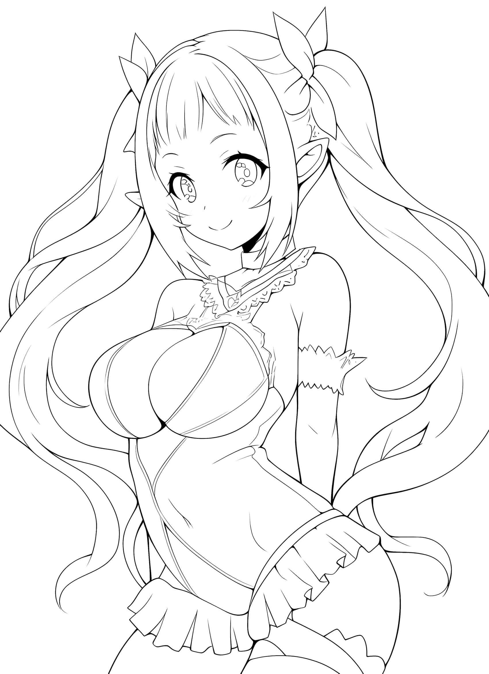 Charming anime elf waifu girl with long pigtails and leaf hair accessories, wearing a detailed fantasy corset top, frilly skirt, and thigh-high stockings, blushing and smiling sweetly – coloring page digital download.