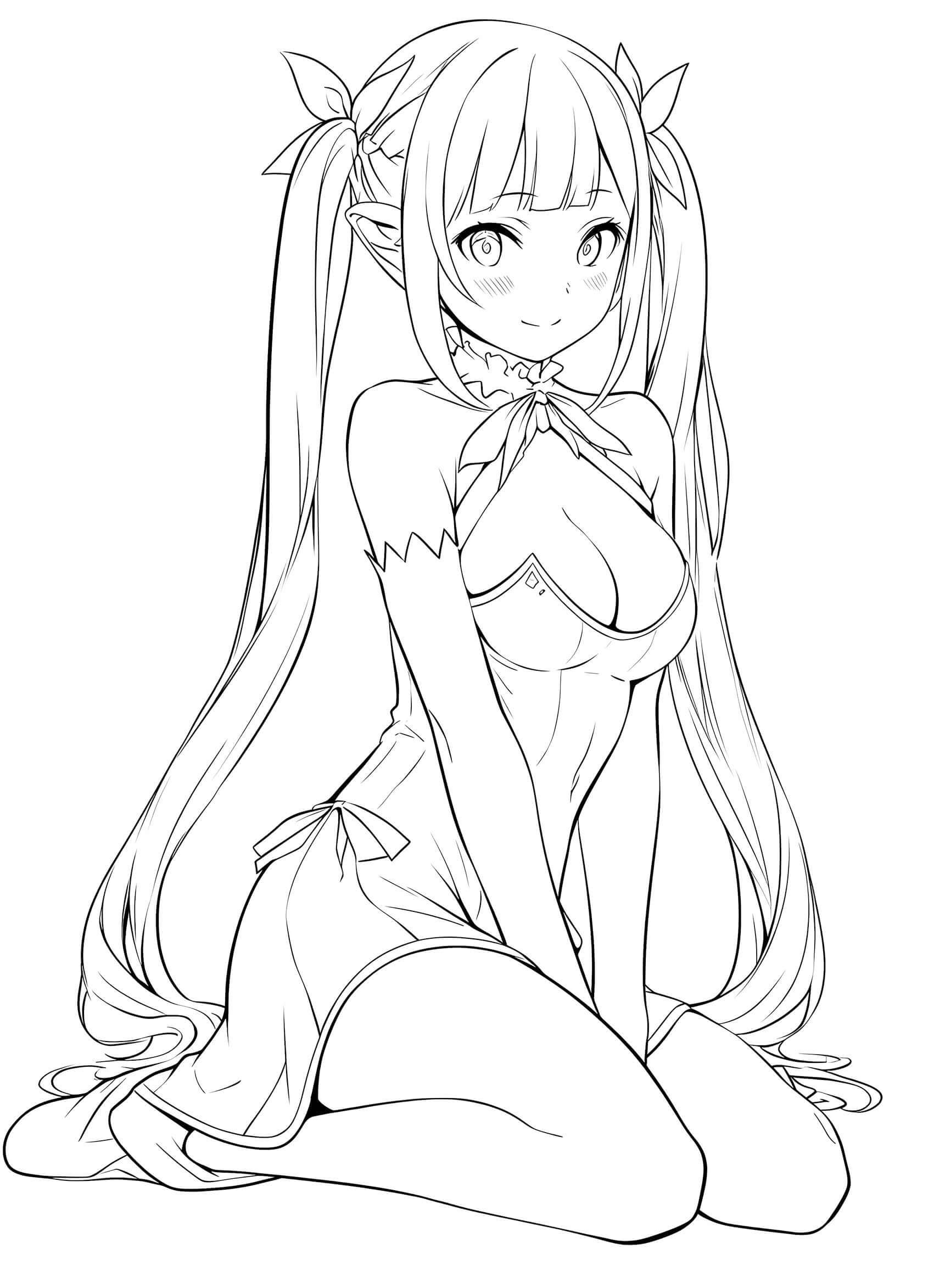 Sweet anime elf waifu girl with long pigtails, leaf hair accessories and bows, elf ears, kneeling in a fantasy attire with a ribbon-tied top and skirt, blushing gently – coloring page digital download.