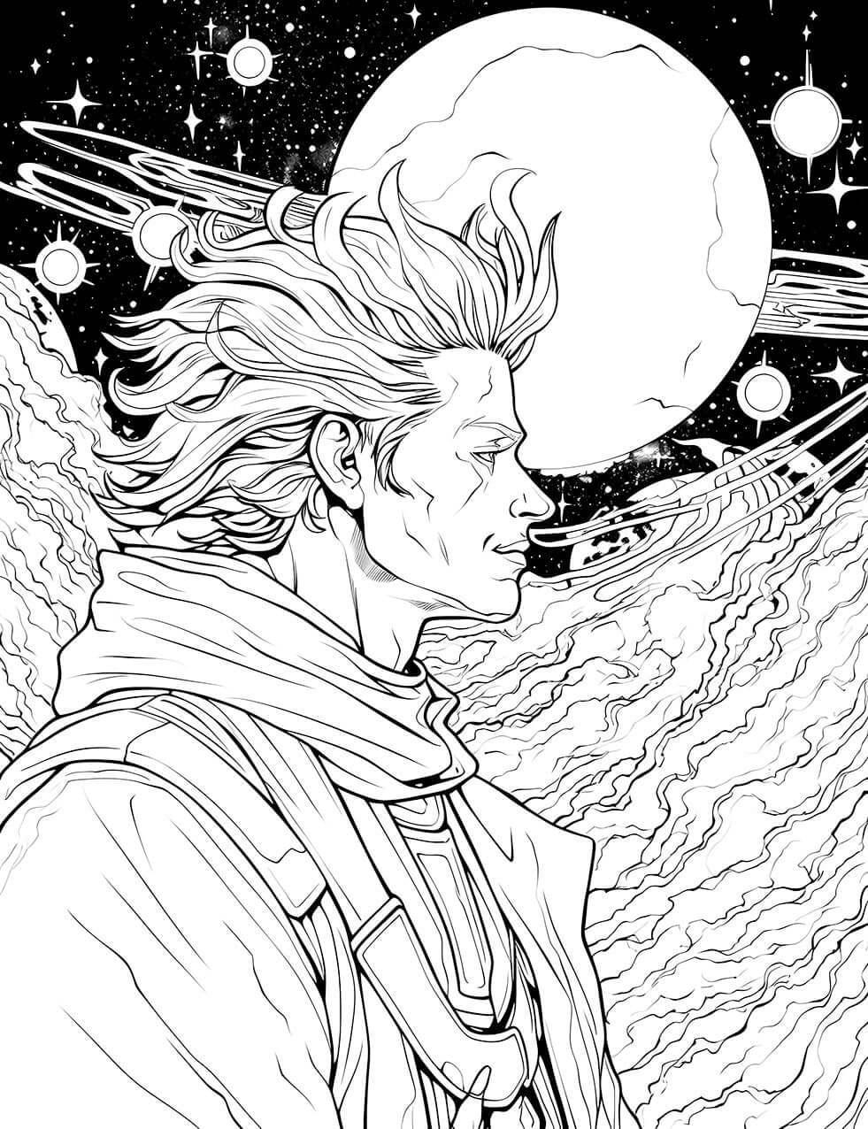 The Cosmic Adventurer Coloring Page, featuring a detailed black-and-white illustration of a handsome male hero in profile with windswept hair, looking out across a cosmic landscape with a large moon and stars.