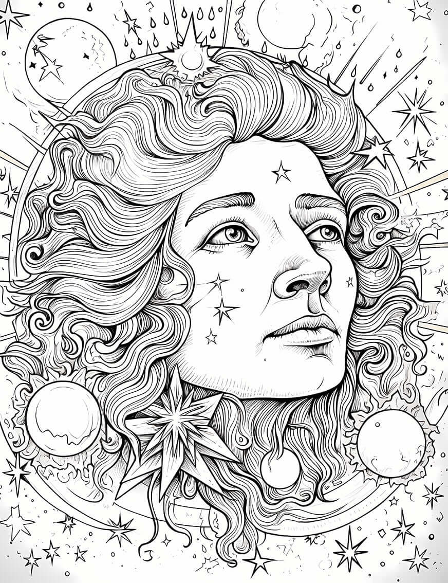 Cosmic Being Coloring Page | Celestial Fantasy Portrait Printable Art – Infinite Visibility