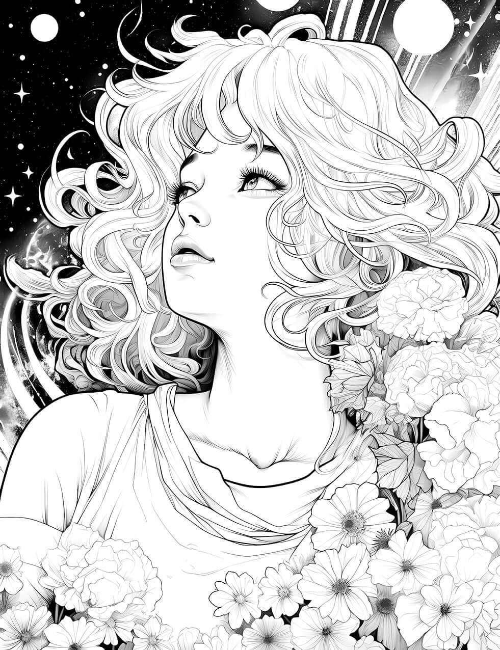 The Cosmic Bloom Coloring Page, showing a beautifully illustrated woman with curly hair looking up towards a starry sky, surrounded by a lush arrangement of blooming flowers and celestial bodies.
