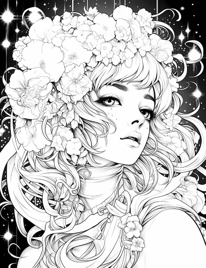 Floral celestial portrait coloring page featuring a woman with flowers in her hair, ideal for adult mindfulness.