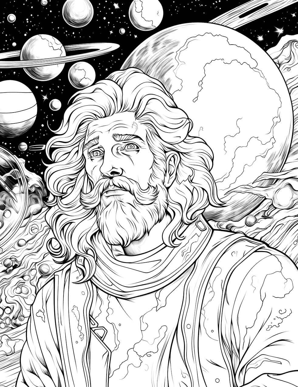 The Cosmic Creator Coloring Page, a detailed black-and-white illustration of a majestic, bearded god-like man with long wavy hair, looking up thoughtfully at a sky full of stars and planets.