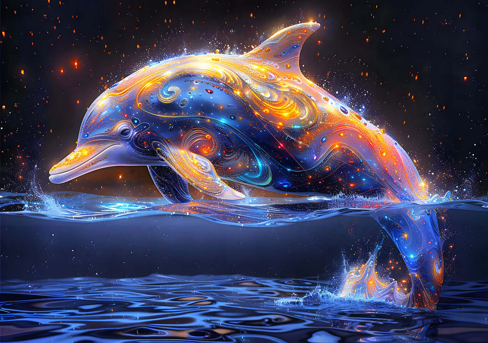 A sparkling Cosmic Dolphin Art piece showing a dolphin made of galaxies and starlight leaping from the water against a starry sky.
