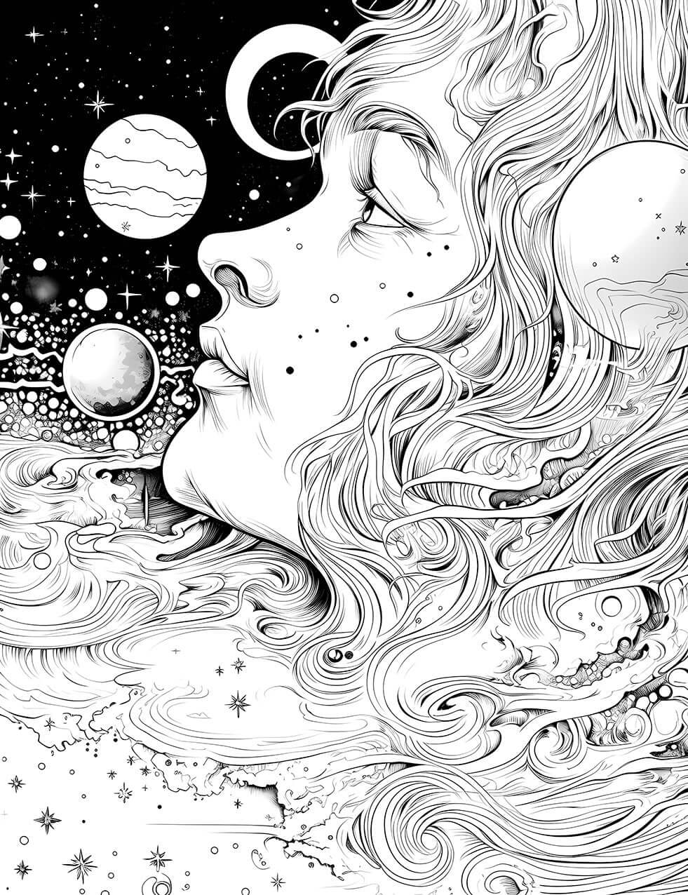A detailed black and white Cosmic Dreamer Coloring Page showing a woman's face in profile looking up at a crescent moon, with flowing hair that blends into a celestial landscape of stars and planets from the Psychedelic Universe collection.