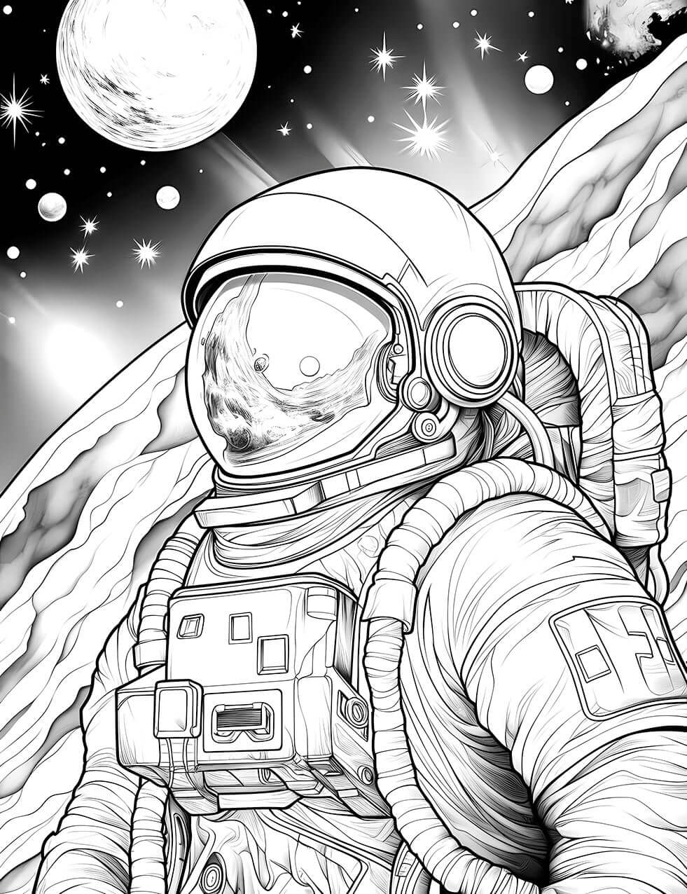 The Cosmic Explorer Coloring Page, a detailed black-and-white comic-style illustration of an astronaut in a spacesuit floating in space, with planets and stars in the background.