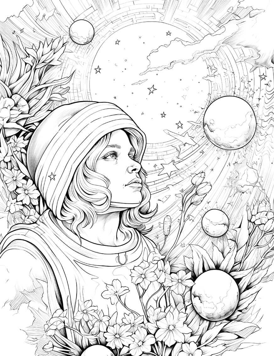Astronaut surrounded by flowers and planets in a detailed line art coloring page for mindfulness and creativity.