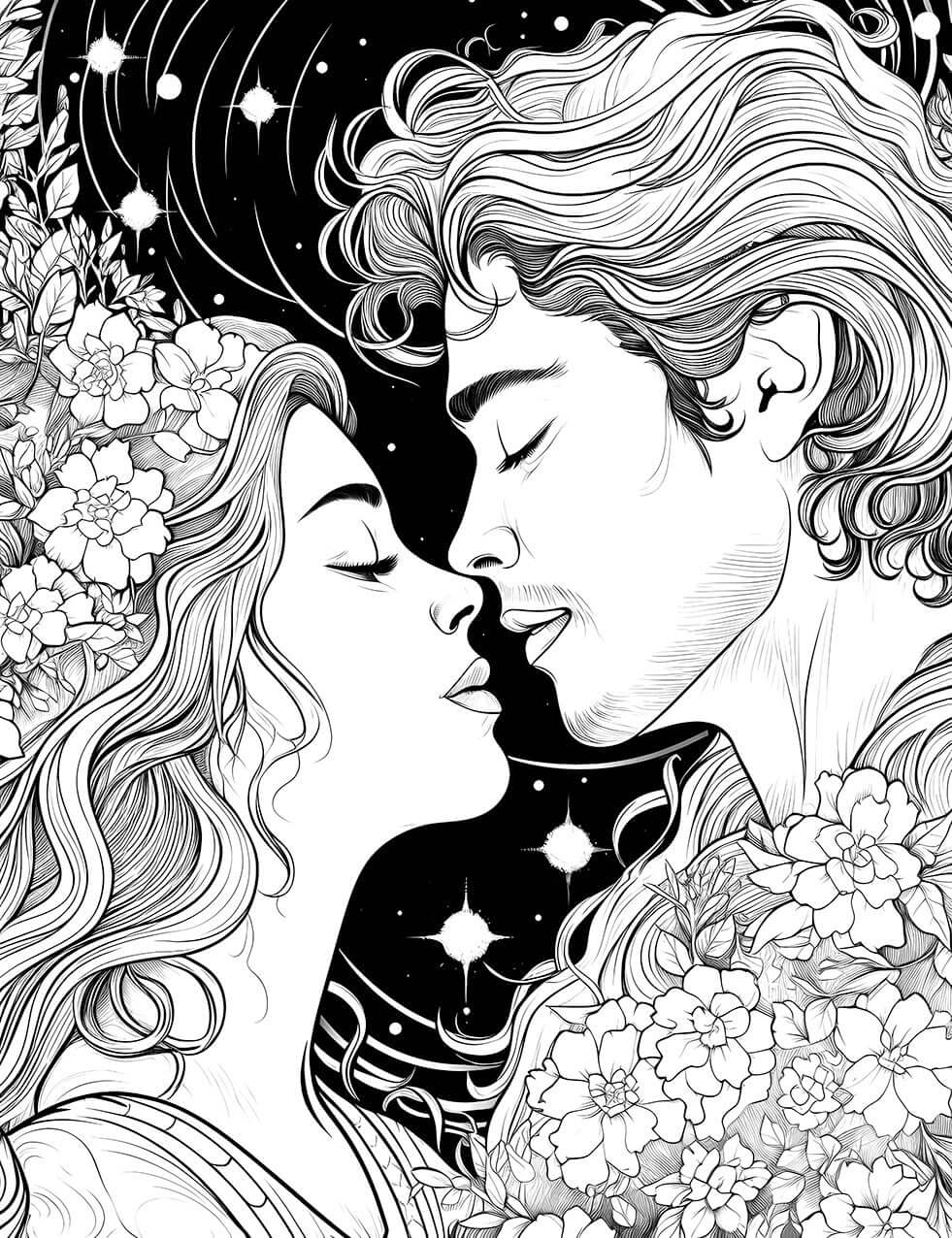 The Cosmic Lovers Coloring Page, a romantic black-and-white illustration of a man and a woman about to kiss, surrounded by blooming flowers against a celestial background of stars and planets.