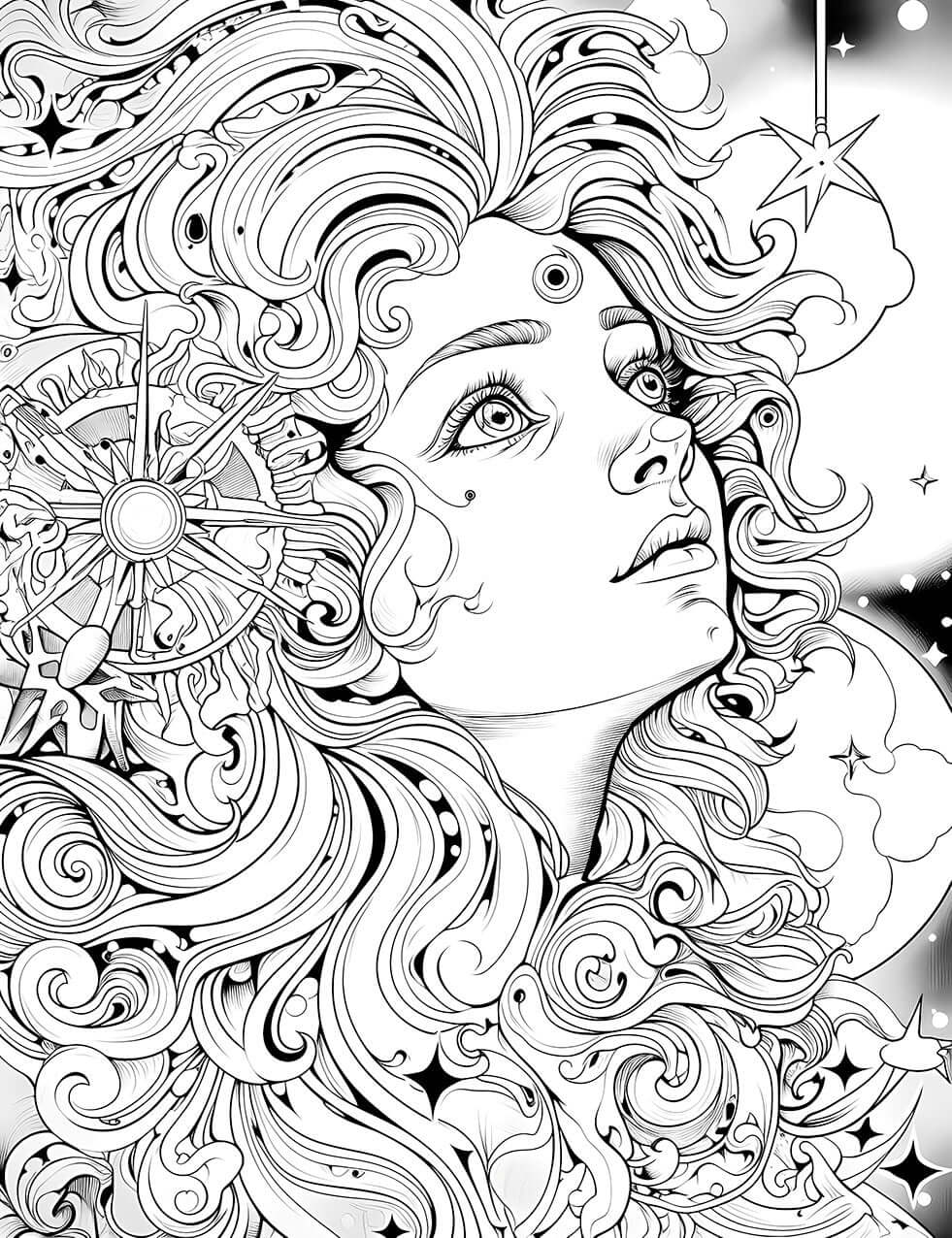 The Cosmic Navigator Coloring Page, an intricate black-and-white illustration of a beautiful woman with a celestial compass rose and stars woven into her flowing, cosmic hair.