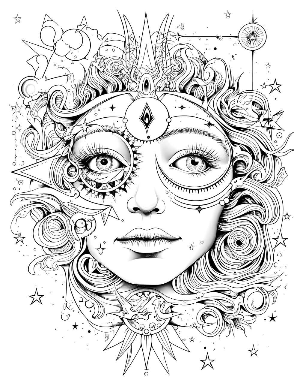 The Cosmic Oracle Coloring Page, showing an intricate, black-and-white portrait of a mystical woman's face with a celestial crown and ornate, gear-like markings around her eyes, surrounded by swirling hair, stars, and planets.