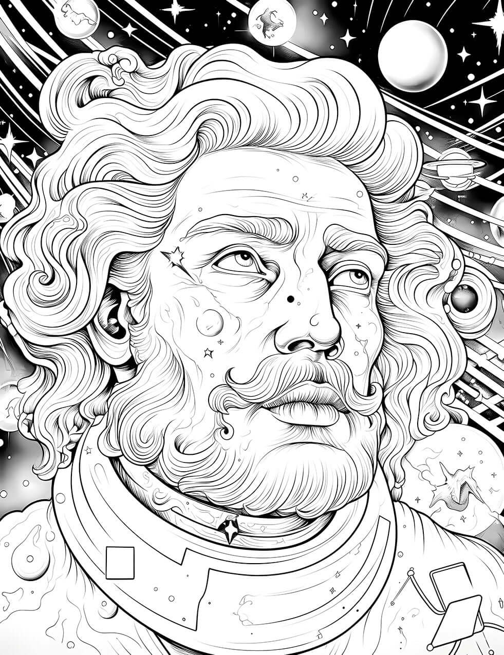 The Cosmic Philosopher Coloring Page, a detailed black-and-white illustration of a wise man with a grand mustache and wavy hair, looking up thoughtfully at a star-filled cosmos.