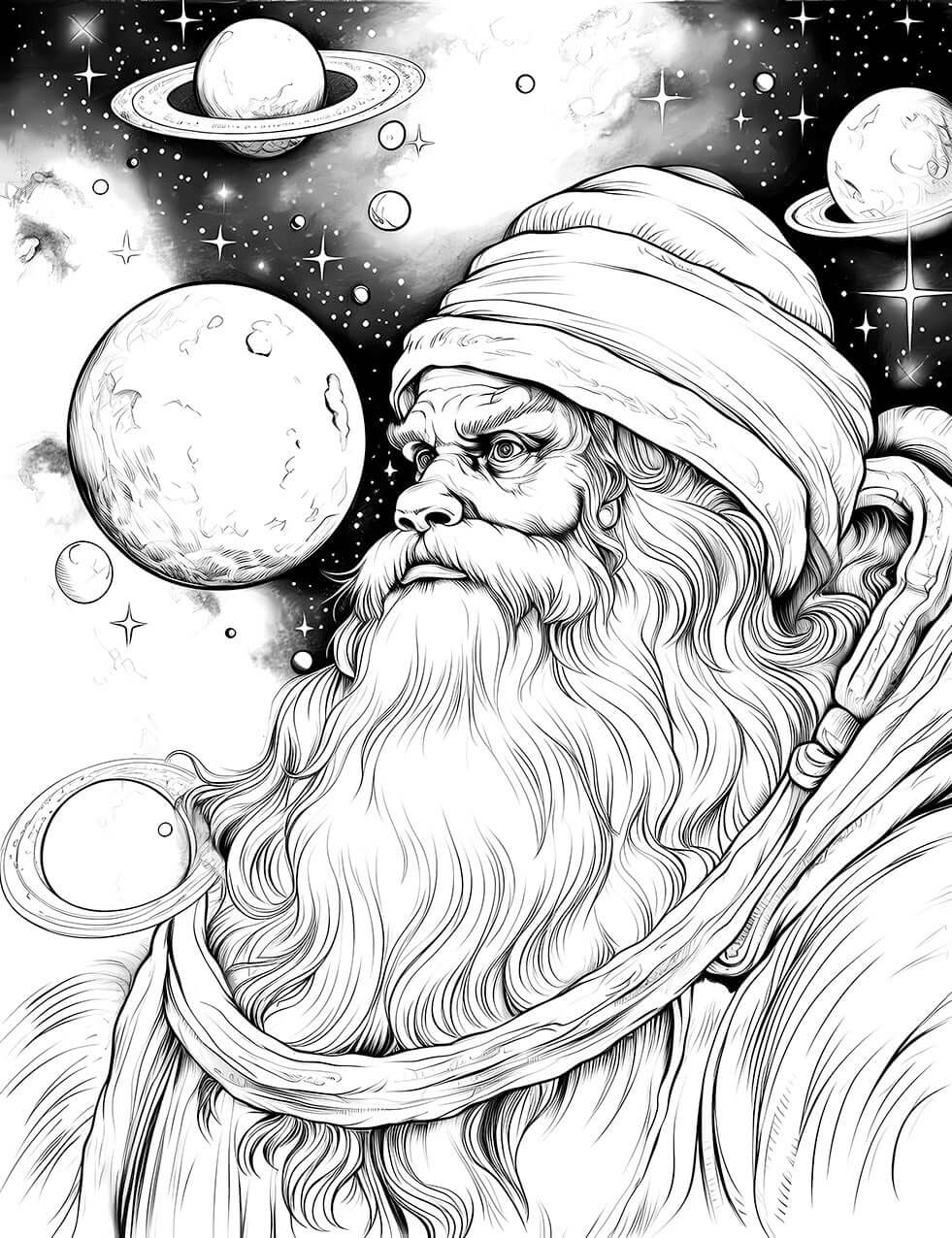 The Cosmic Sage Coloring Page, a detailed black-and-white illustration of a wise old man with a long beard and a turban, gazing thoughtfully into a cosmic sky filled with stars and planets.