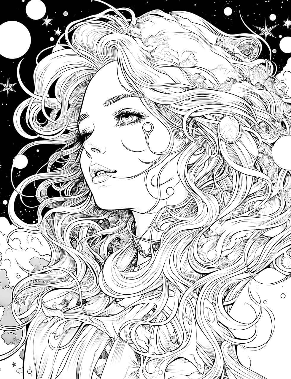 The Cosmic Tear Maiden Coloring Page, a detailed black-and-white illustration of a beautiful maiden with long, flowing cosmic hair, looking up at the stars with celestial tear-like markings on her face.