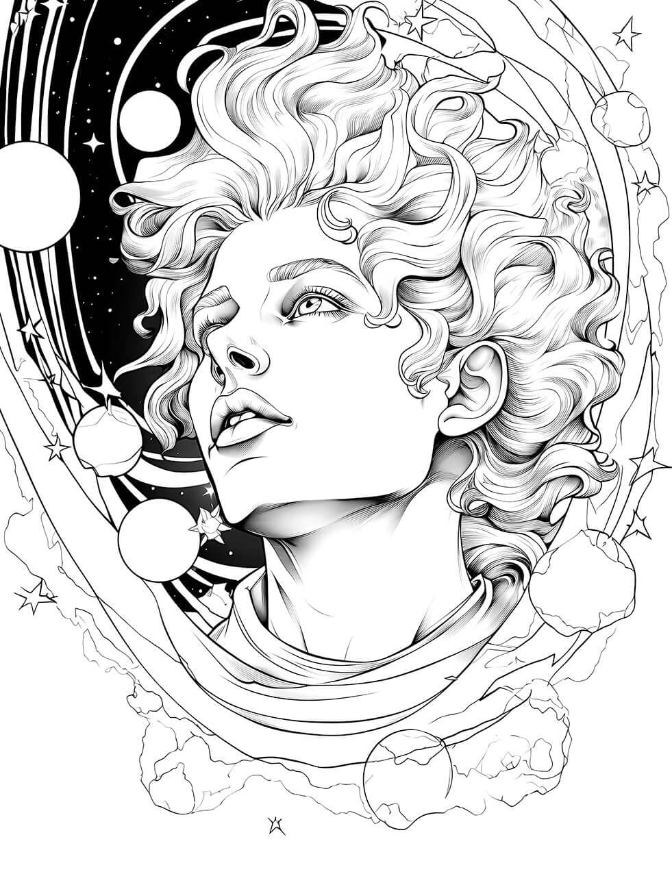 The Cosmic Voyager Coloring Page, a detailed black-and-white illustration of a celestial being with curly hair looking up in awe at a cosmic sky filled with stars and planets.