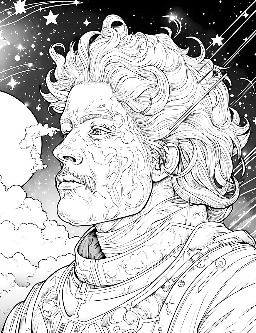Cosmic Voyager Coloring Page | Sci-Fi Male Portrait Printable Art – Infinite Visibility