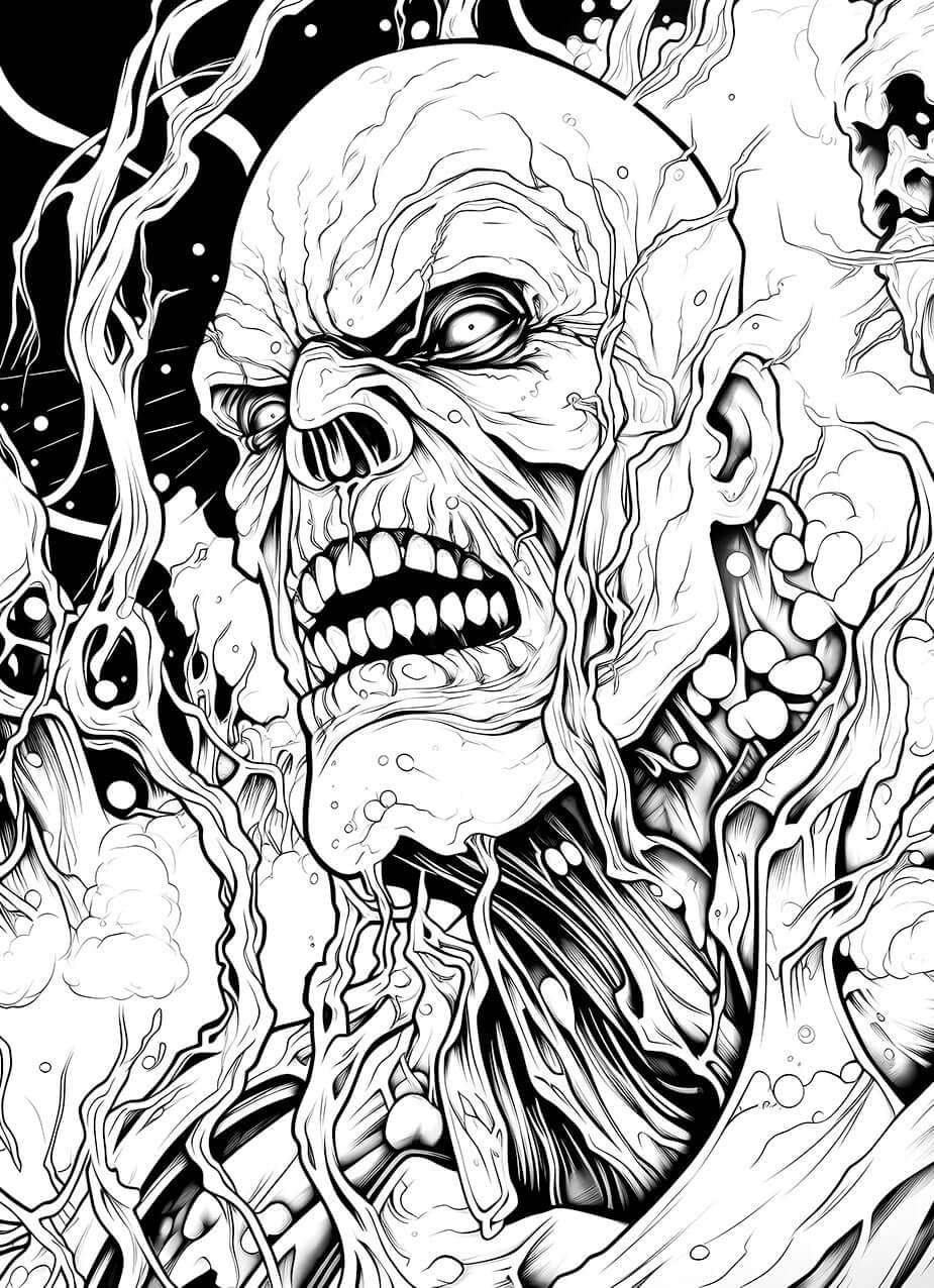 A detailed, sci-fi horror coloring page of an enraged cosmic zombie's face, with decaying skin and organic, root-like textures, set against a dark, starry space background.