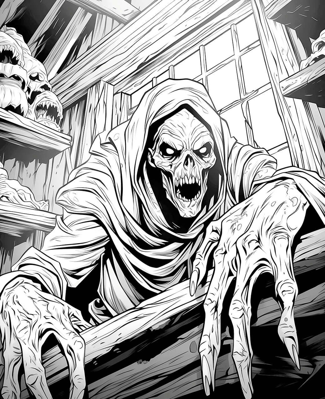 A detailed horror coloring page of a hooded, skeletal crypt collector with glowing eyes, leaning over a workbench in his dusty, skull-filled attic workshop.