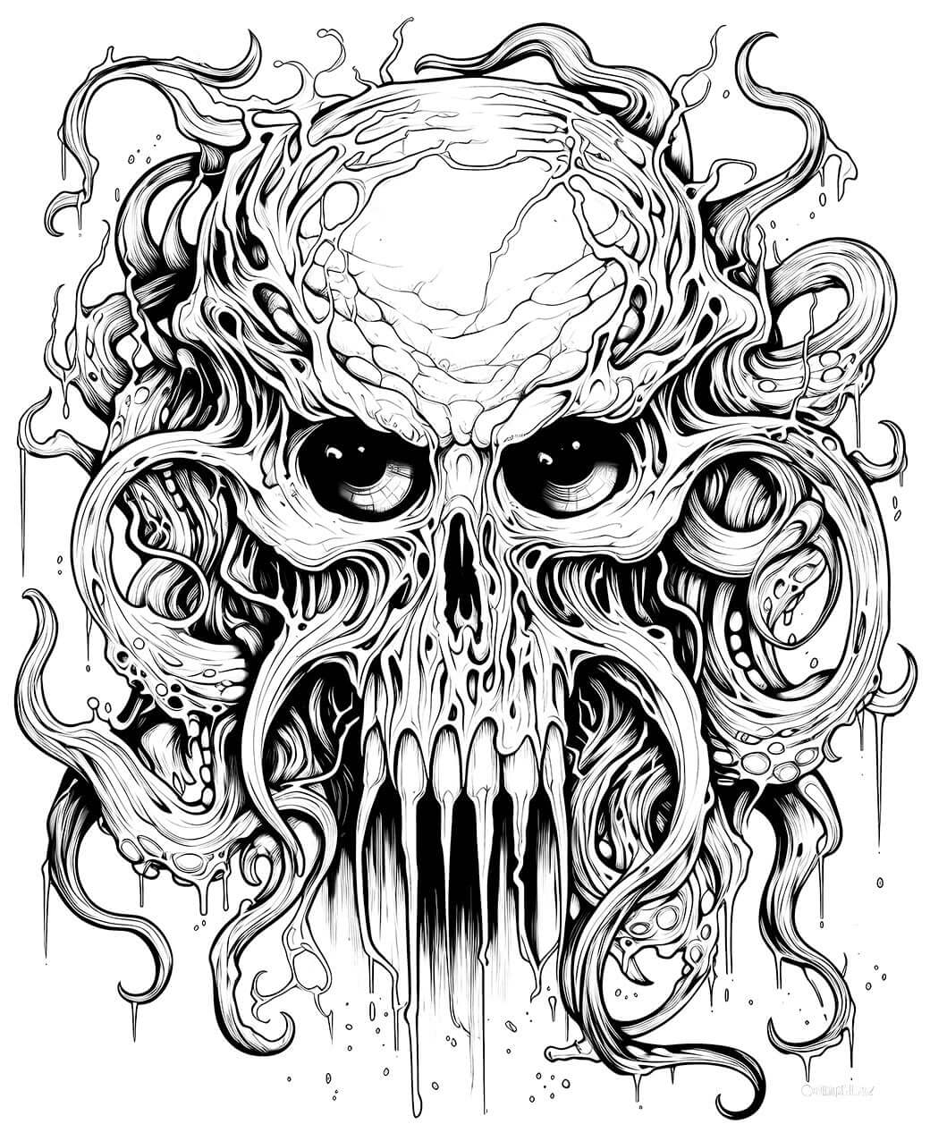 A detailed horror coloring page of a cracked human skull being overgrown with slimy, dripping Cthulhu-like tentacles, in a Lovecraftian cosmic horror style.