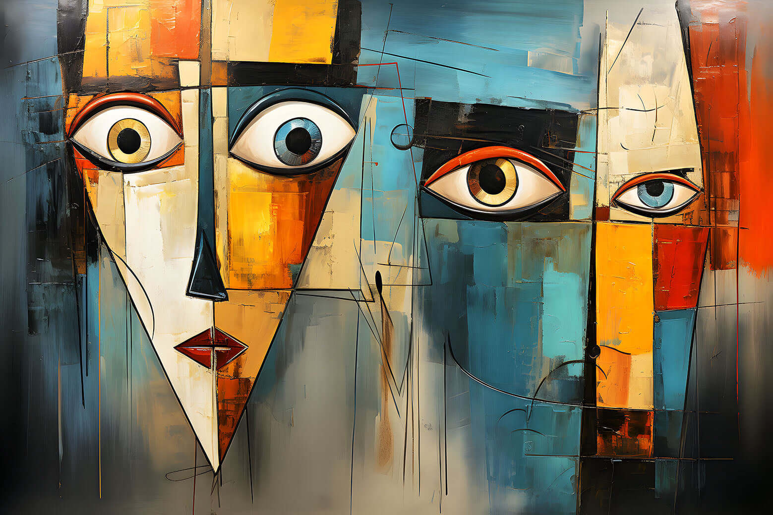 Cubist Faces Art depicting multiple abstract faces with large eyes in a textured, impasto style with an orange and blue palette.