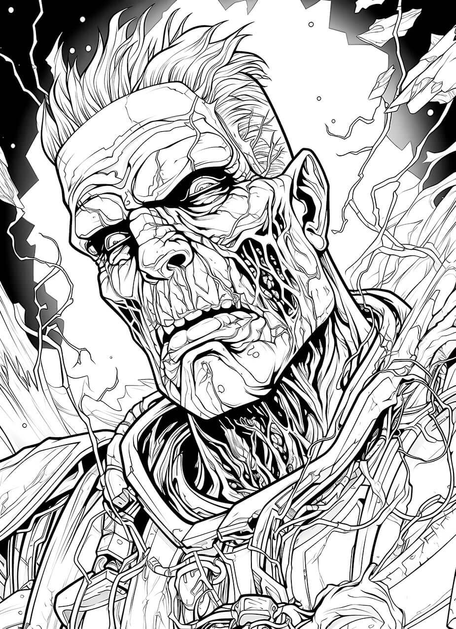 A detailed horror coloring page of a powerful, Frankenstein-like cyborg monster with a scarred face, stitches, and mechanical parts, set against a background of lightning.