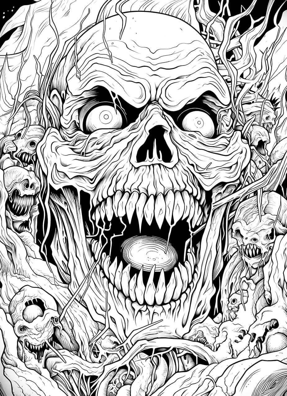 A detailed, chaotic horror coloring page of a massive, screaming demon skull with sharp teeth, surrounded by a swirling horde of smaller, grotesque monsters and hellish energy.