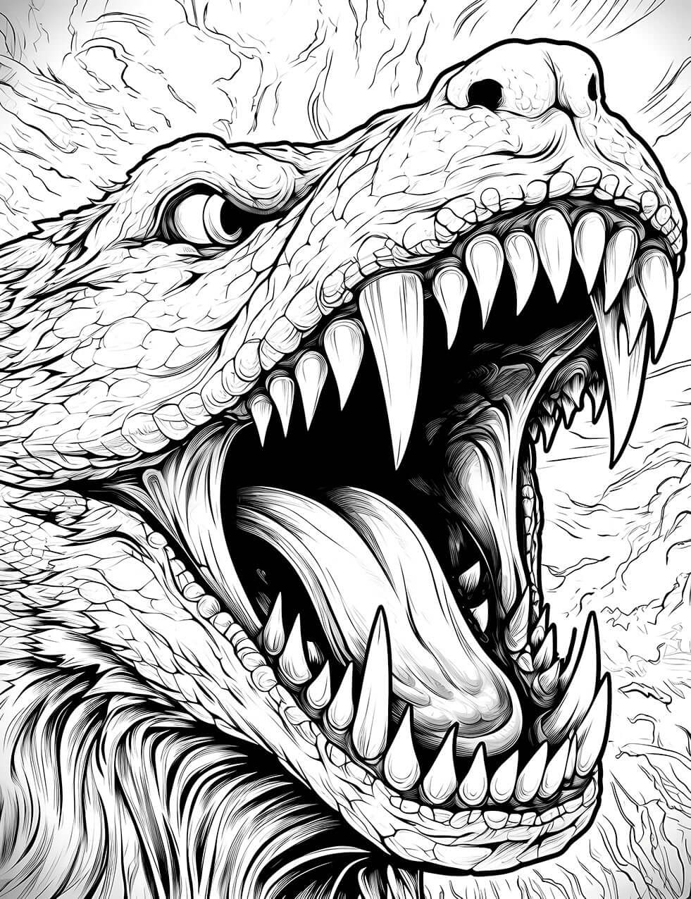 A detailed horror coloring page of a roaring Dragon Wolf monster, a powerful hybrid of a reptile and a wolf, with a wide-open mouth full of sharp teeth and a furry mane.