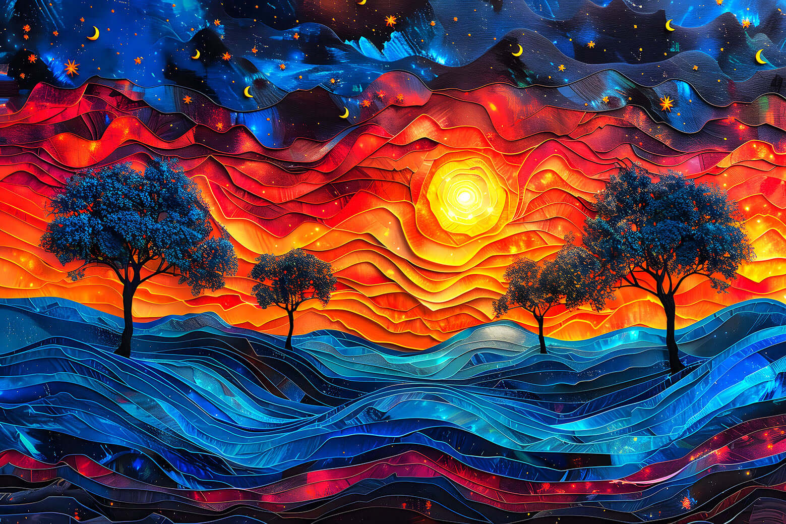 Vibrant Dreamscape Wall Art of a surreal, layered sunset with silhouetted trees under a magical starry night sky.