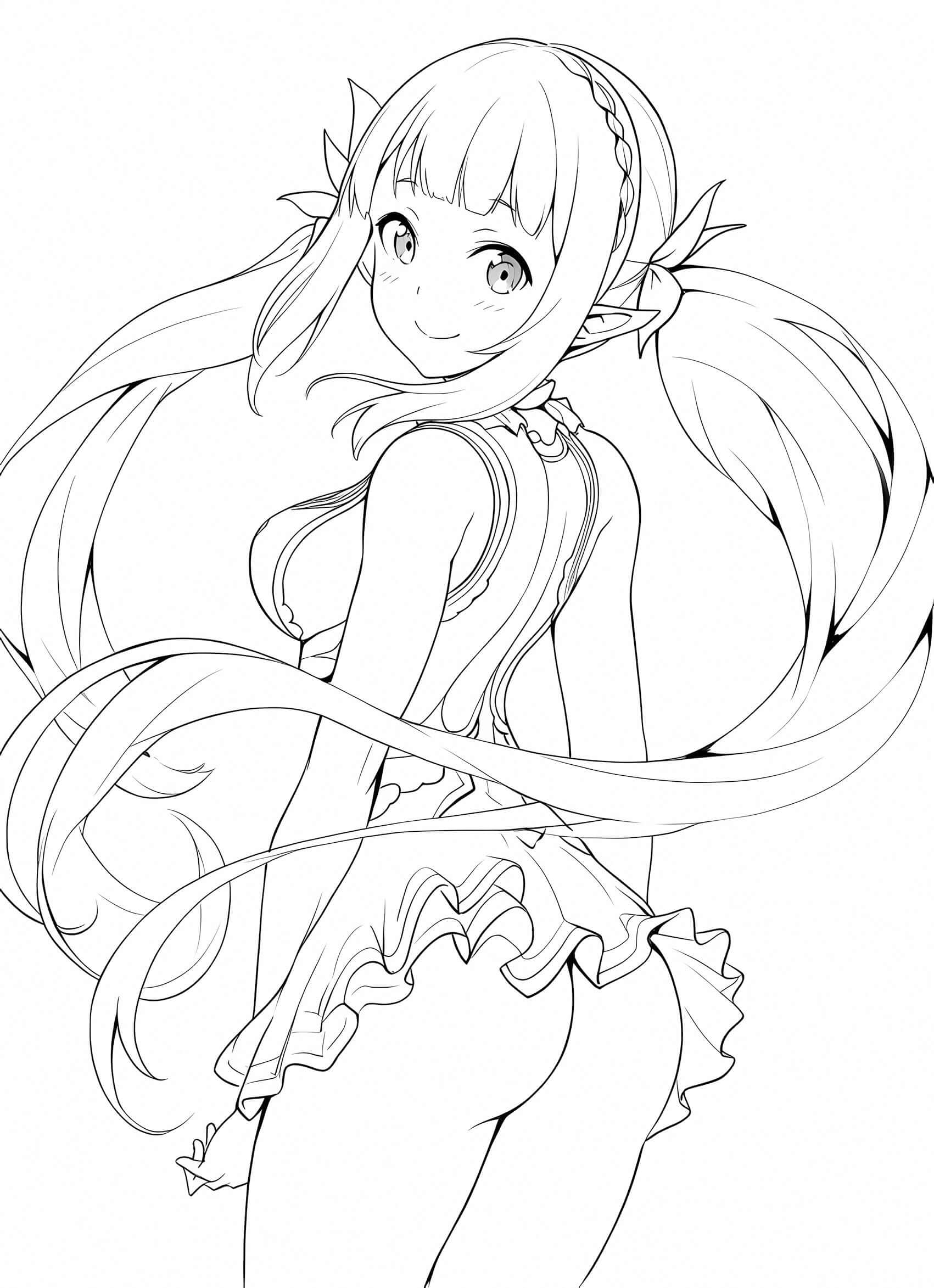 Elegant line art of an anime elf waifu girl with a braided crown, long flowing hair in a side ponytail, and a frilly dress, looking back with a gentle smile – coloring page digital download.