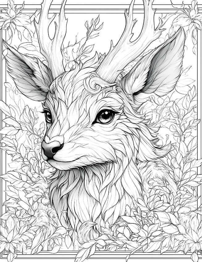 Intricate line art coloring page of a fantasy deer (stag) with leaf-patterned fur and elaborate branch-like antlers, set against a foliage background, ideal for adult coloring and stress relief.
