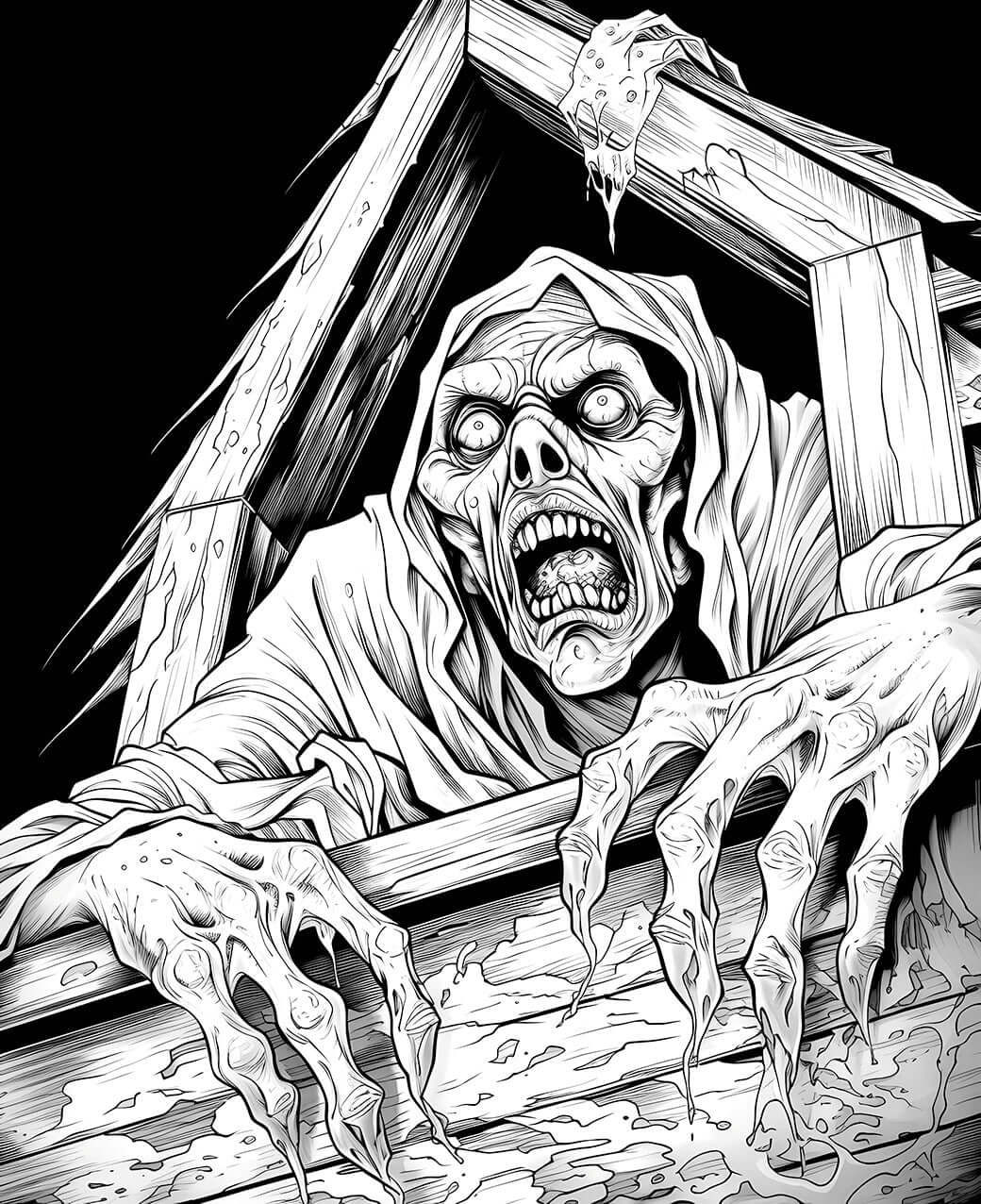 A detailed horror coloring page of a terrifying, hooded ghoul with sharp claws and a screaming mouth, breaking out and climbing from a splintered wooden coffin or crate.