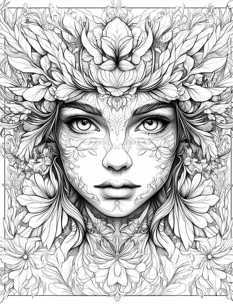 Intricate line art coloring page of a beautiful woman's face with a symmetrical floral headdress and delicate botanical patterns on her skin, representing a flower goddess or nature spirit, for adult coloring.
