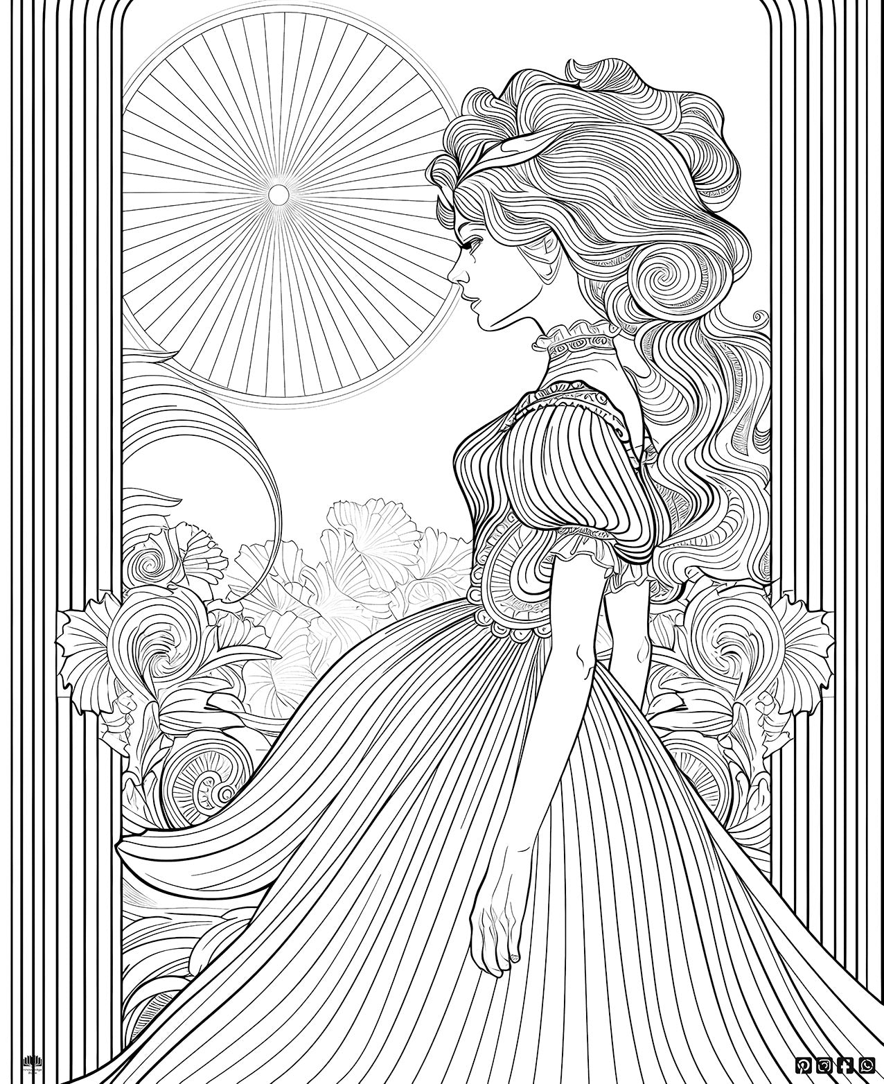 Experience Serenity: Woman in Flowing Gown Coloring Page