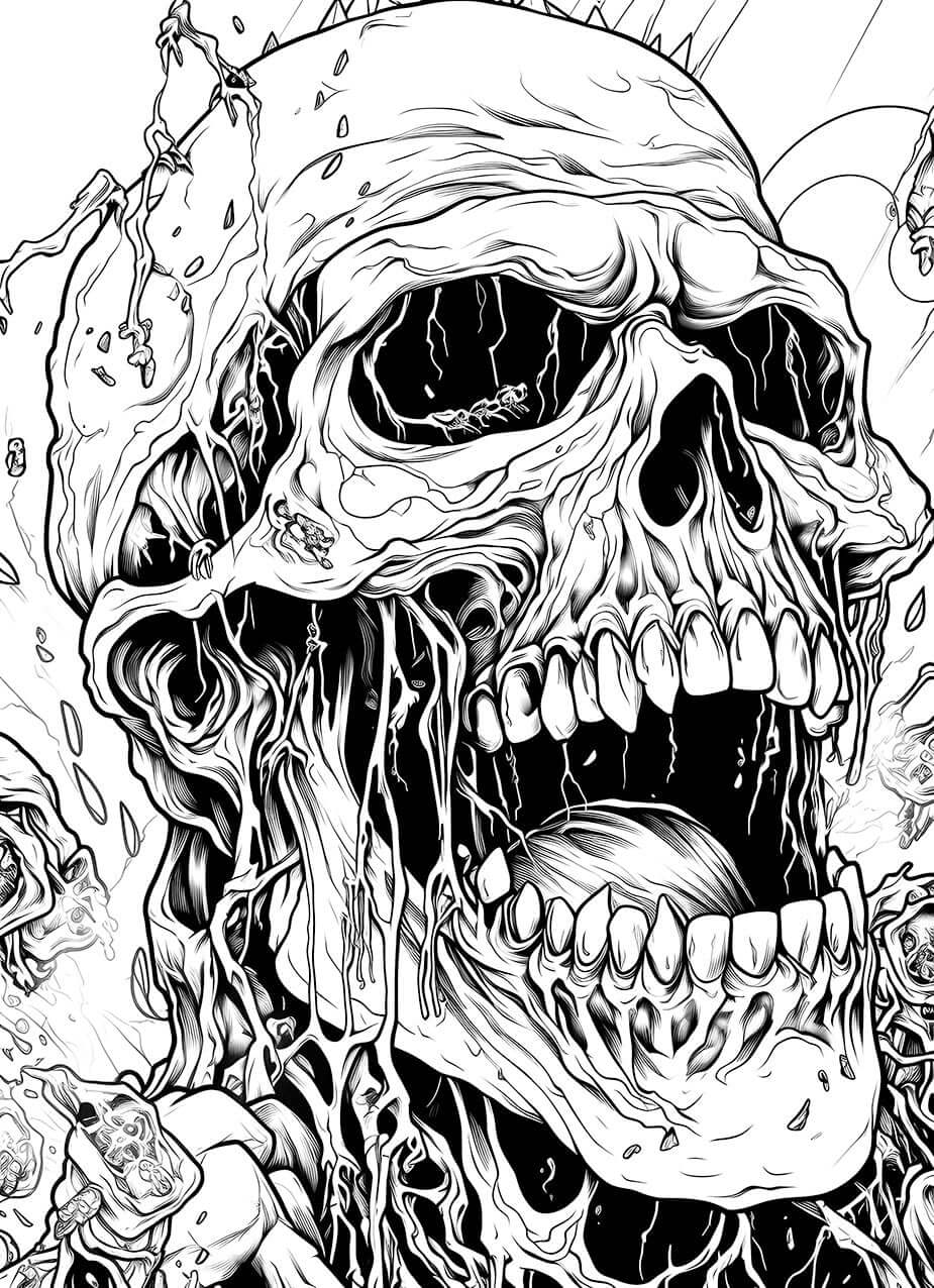 A detailed, heavy-metal style horror coloring page of a screaming, exploding skull with sharp spikes, surrounded by a chaotic blast of sinewy, organic gore and energy.