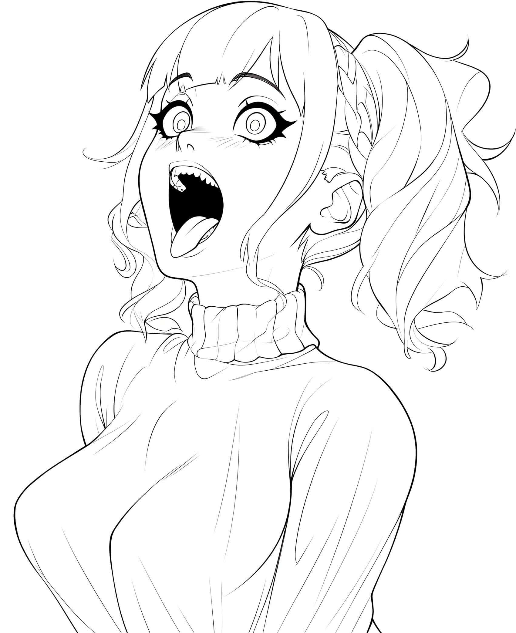 Line art of an expressive anime waifu girl with wide shocked eyes, open mouth with tongue and fangs, pigtails, and a turtleneck sweater – coloring page digital download.