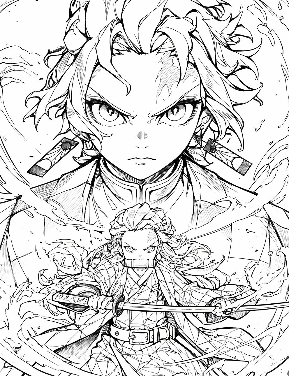 Exquisite Monochrome Coloring Page Featuring Heroic Swordsman and Graceful Guardian