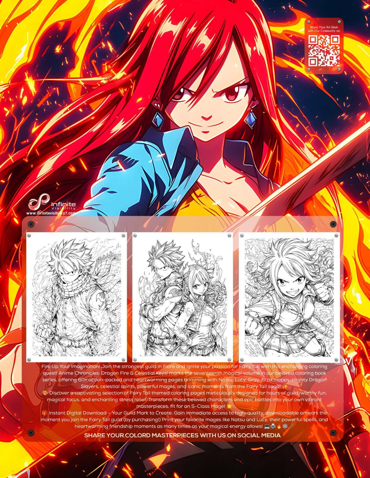 Back cover of Fairy Tail coloring book Anime Chronicles Volume 17 featuring Erza Scarlet and interior page examples Natsu and Lucy, Infinite Visibility digital download.