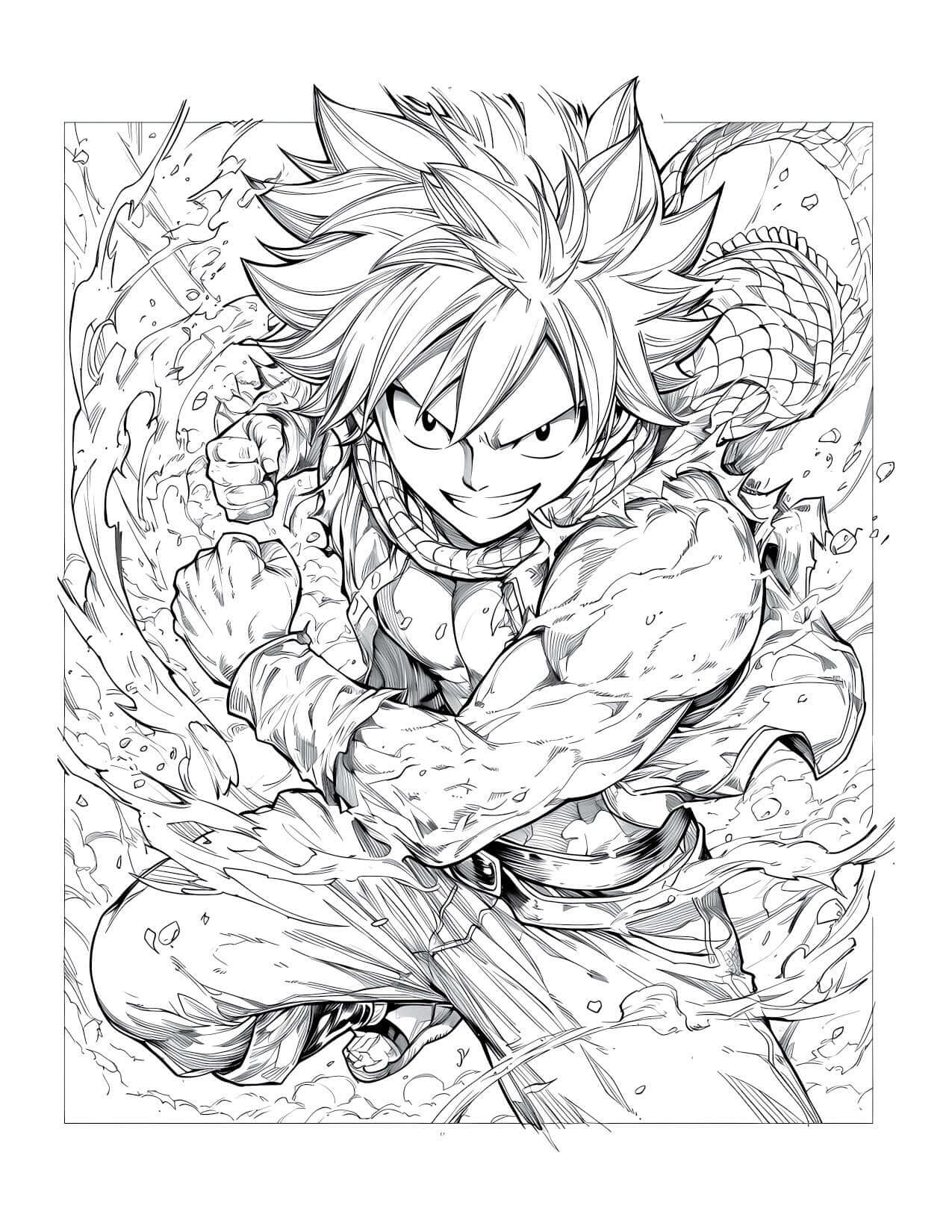 Intricate line art coloring page of Natsu Dragneel from Fairy Tail in a dynamic action pose, digital download from Anime Chronicles Volume 17.