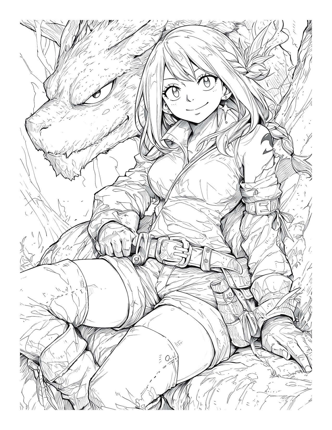 Detailed Lucy Heartfilia and dragon coloring page from Fairy Tail Anime Chronicles Volume 17, beautiful celestial mage line art for digital download.