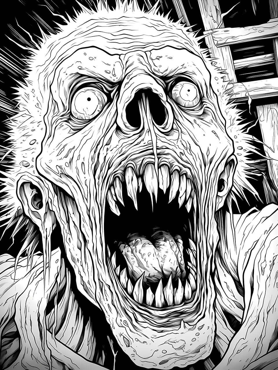 A detailed, high-energy horror coloring page of a feral zombie bursting out of the darkness, screaming with a wide mouth full of sharp, crystalline teeth and wild, shocked eyes.