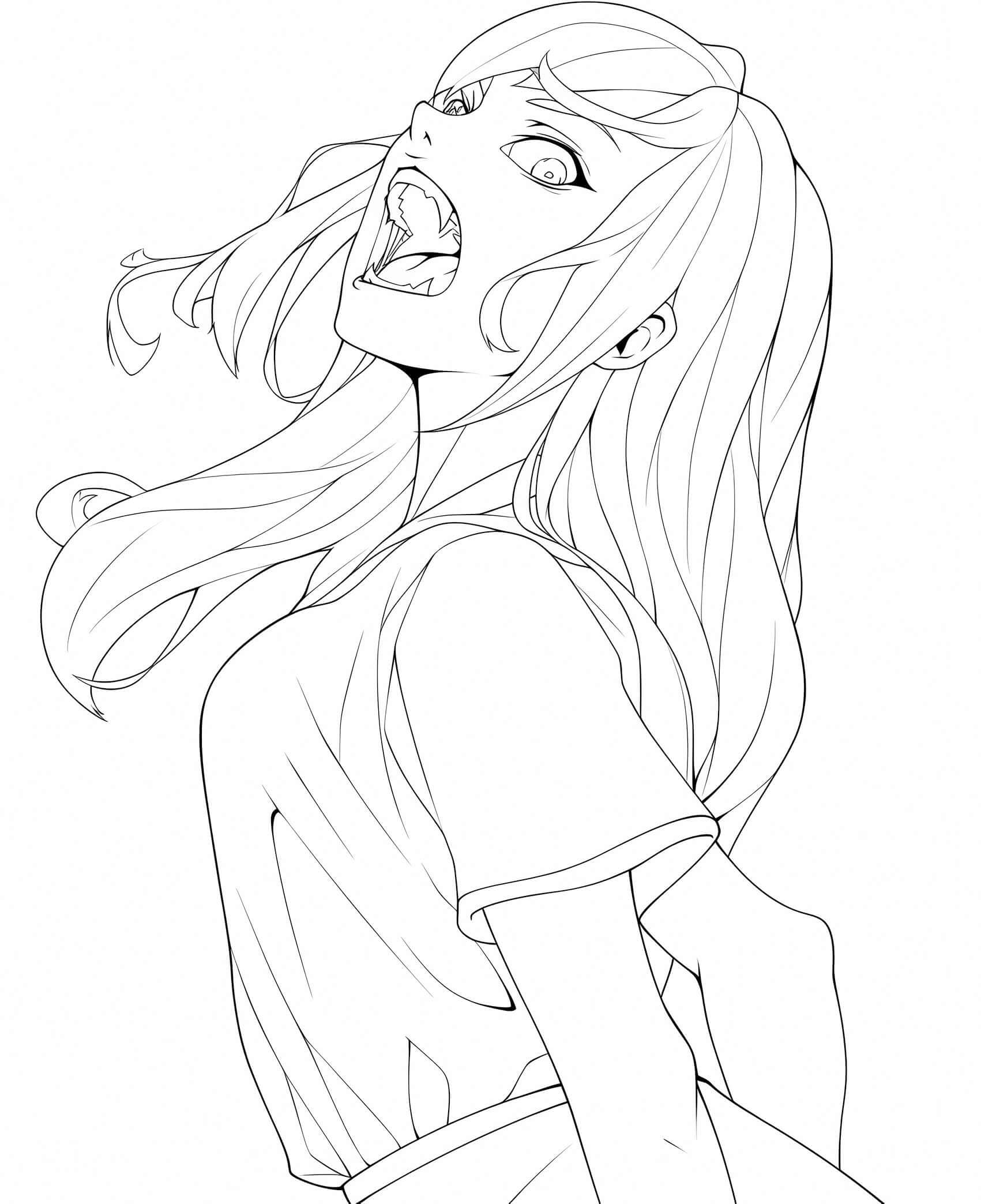 Line art of a fierce anime waifu girl yelling or screaming with head thrown back, long flowing hair, wide intense eyes, open mouth with fangs, wearing a t-shirt and skirt – dynamic emotion coloring page digital download.