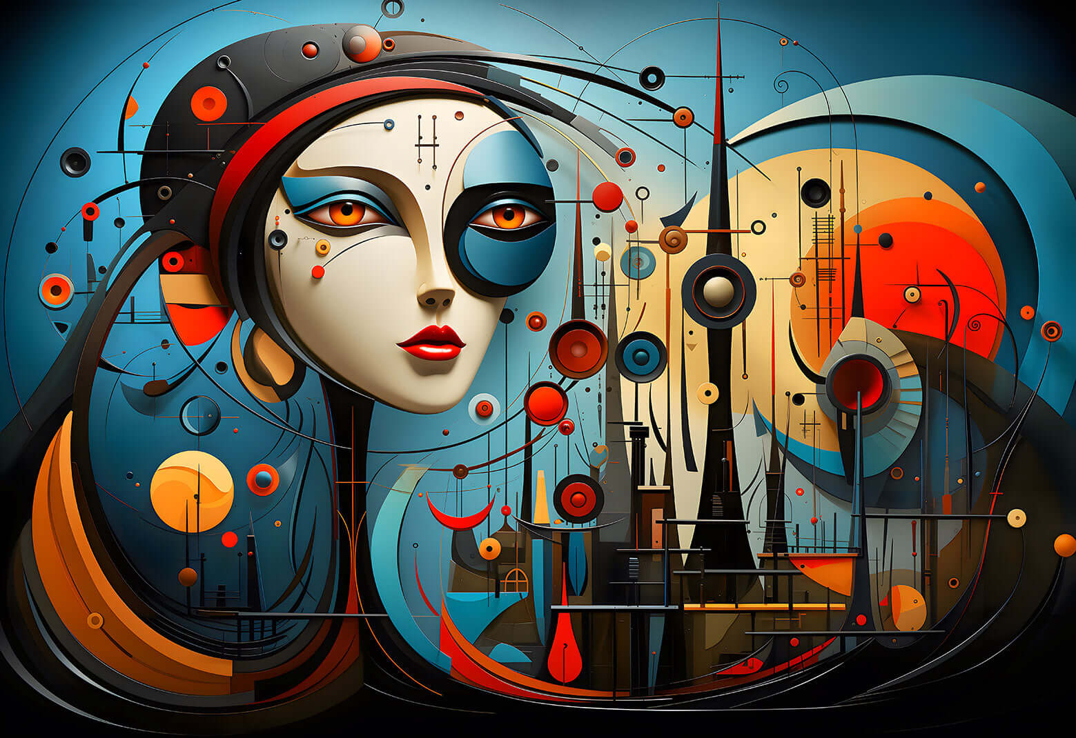 Futuristic Graphic Art of a woman's face integrated with an abstract machine of celestial and geometric shapes, for instant download.