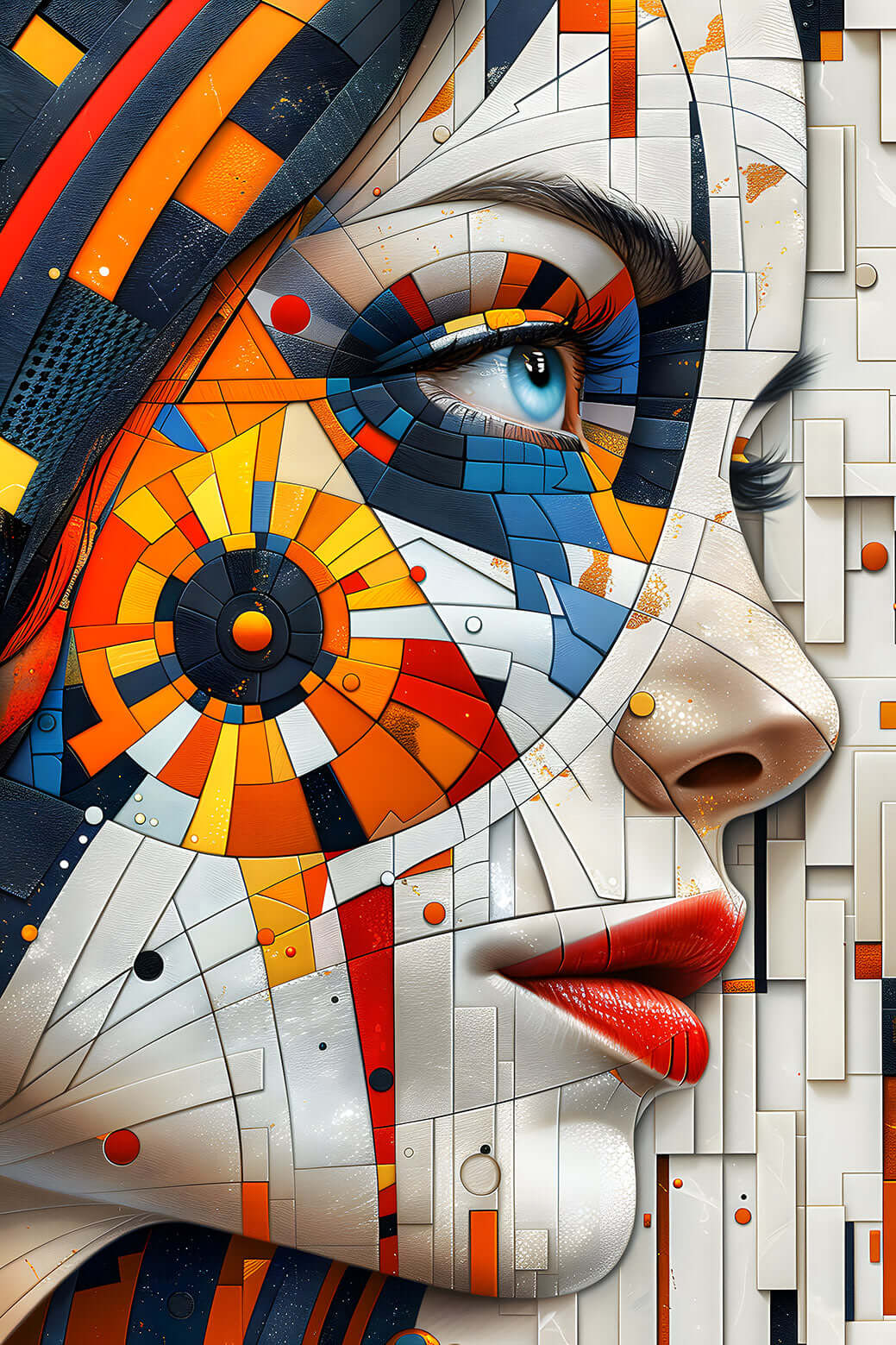 A Futuristic Woman Portrait with a realistic eye, combining with orange, white, and black geometric patterns and textures.