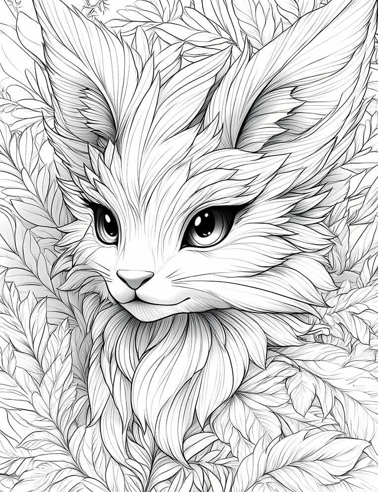 Adorable fantasy fox or fennec fox coloring page with large expressive eyes and fluffy, leaf-textured fur, surrounded by a detailed foliage background, perfect for adult coloring and relaxation.
