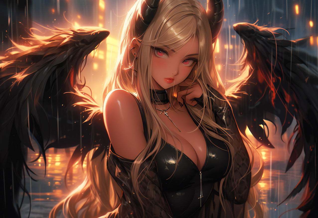 Golden Hour Descent: Captivating Anime Demon Girl Art - Infinite Visibility