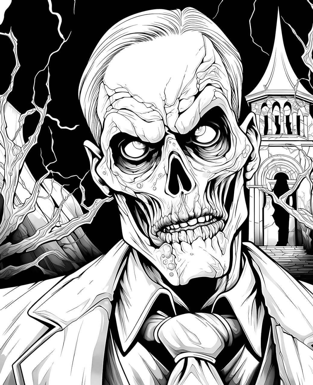 A gothic horror coloring page featuring the detailed skull of an undead gentleman in a suit and tie, with a spooky mausoleum and lightning in the background.