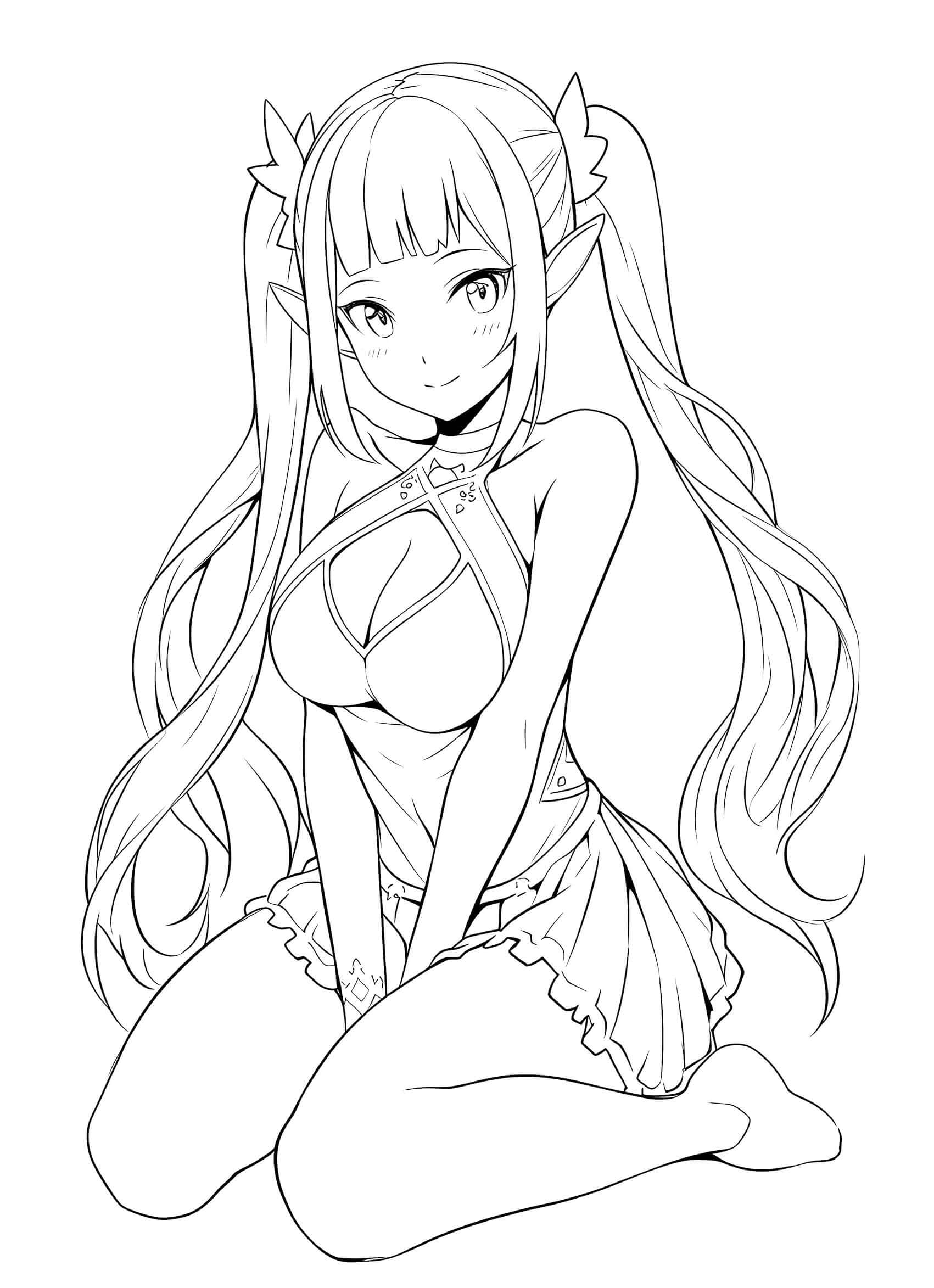 Graceful line art of an anime elf waifu girl with long pigtails and leaf accessories, kneeling in an ornate fantasy halter top and ruffled skirt, with a sweet smile – coloring page digital download.